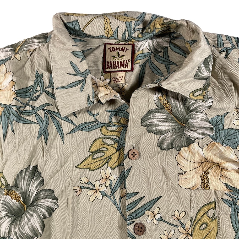 Tommy Bahama Mens Tan Floral Short Sleeve Magnolia Hawaiian Shirt Silk Large